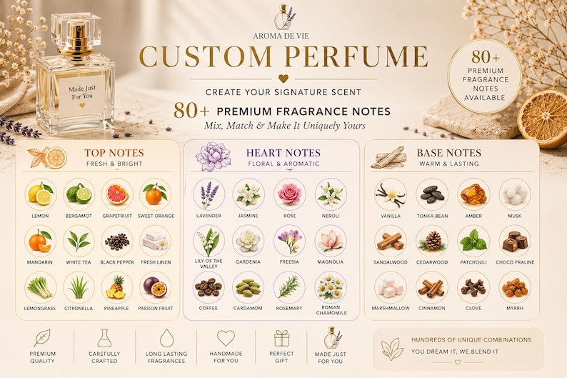 May include: A custom perfume advertisement featuring a glass bottle labeled Made Just For You. The graphic displays 80+ premium fragrance notes categorized into top, heart, and base notes with illustrations of ingredients like lemon, rose, and vanilla.