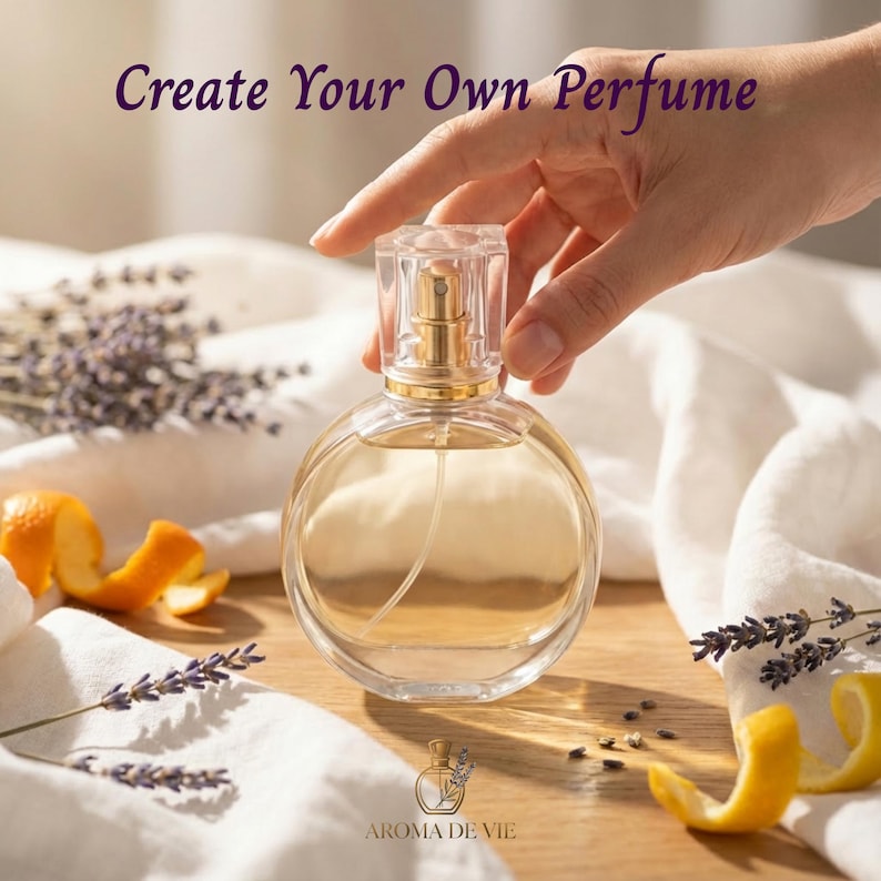 May include: A round glass perfume bottle with a gold sprayer and clear cap, featuring the text Create Your Own Perfume and AROMA DE VIE. The bottle is surrounded by sprigs of dried lavender and curled orange peels on a wooden surface.