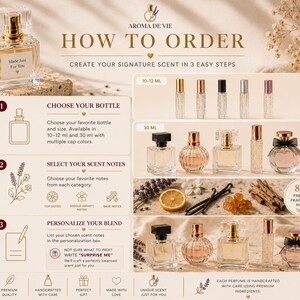 May include: An infographic titled AROMA DE VIE HOW TO ORDER detailing a three-step process for creating custom perfume. It displays various glass perfume bottles in 10-12 ml and 30 ml sizes, alongside icons for scent notes, text instructions, and floral accents.