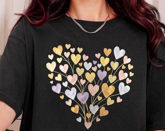 Watercolor Heart Cluster T-shirt | Pastel Hearts Design | Cotton Short Sleeve Valentine Theme Top