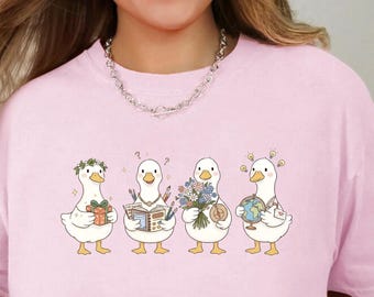 Silly Goose Squad Aesthetic Shirt - Whimsical Goose Lover Gift - Hand Drawn Cottagecore White Goose Illustrations - Artsy Animal Graphic Tee