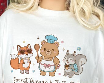 Forest Friends & Fluffy Tails Chef Bear Fox Squirrel T-shirt | Cute Woodland Animal Illustration