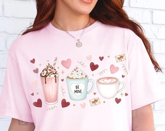 Comfort Colors Be Mine Hot Cocoa, Latte & Mug Illustration T-Shirt | Valentine Coffee Hearts | Coffee Lover Valentine Gift