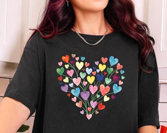 Watercolor Heart Bouquet Graphic T-Shirt, Multi-Color Heart Cluster Print, Cotton Short Sleeve Valentine Theme Top