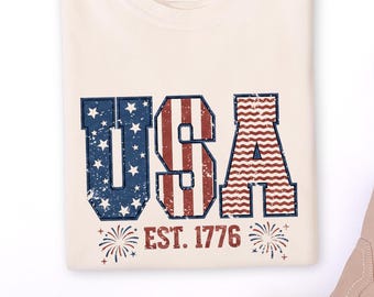 Comfort Colors USA Flag Letters EST. 1776 Unisex T-Shirt | American Patriotic Independence Day Tee | 4th of July Shirt