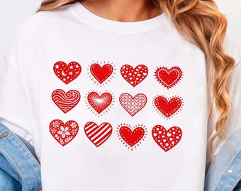 Red Doodle, Valentine Multi-Heart T-Shirt, Valentine's Day Gift for Wife