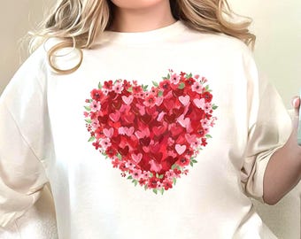 Comfort Colors Red Floral Heart T-shirt | Valentine Heart Bloom Tee | Women's Brushstroke Top Anniversary Gift