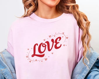 Love Script with Hearts T-Shirt | Romantic Graphic Loce Shirt | Valentine Day Gift for Wife