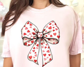 Comfort Colors Coquette Heart Print Bow T-Shirt | Valentine Ribbon Graphic, Retro Coquette Anniversary Gift for Her