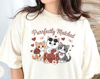 Valentine Cats Graphic T-Shirt, Romantic Kitten Love Tee, Cat Lover Gift
