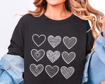 Valentines Day Graphic Tee, Doodle Heart Print, Relaxed Fit Cotton