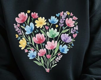 Boho Watercolor Pastel Wildflower Heart Sweatshirt | Spring Flower Bouquet Crewneck