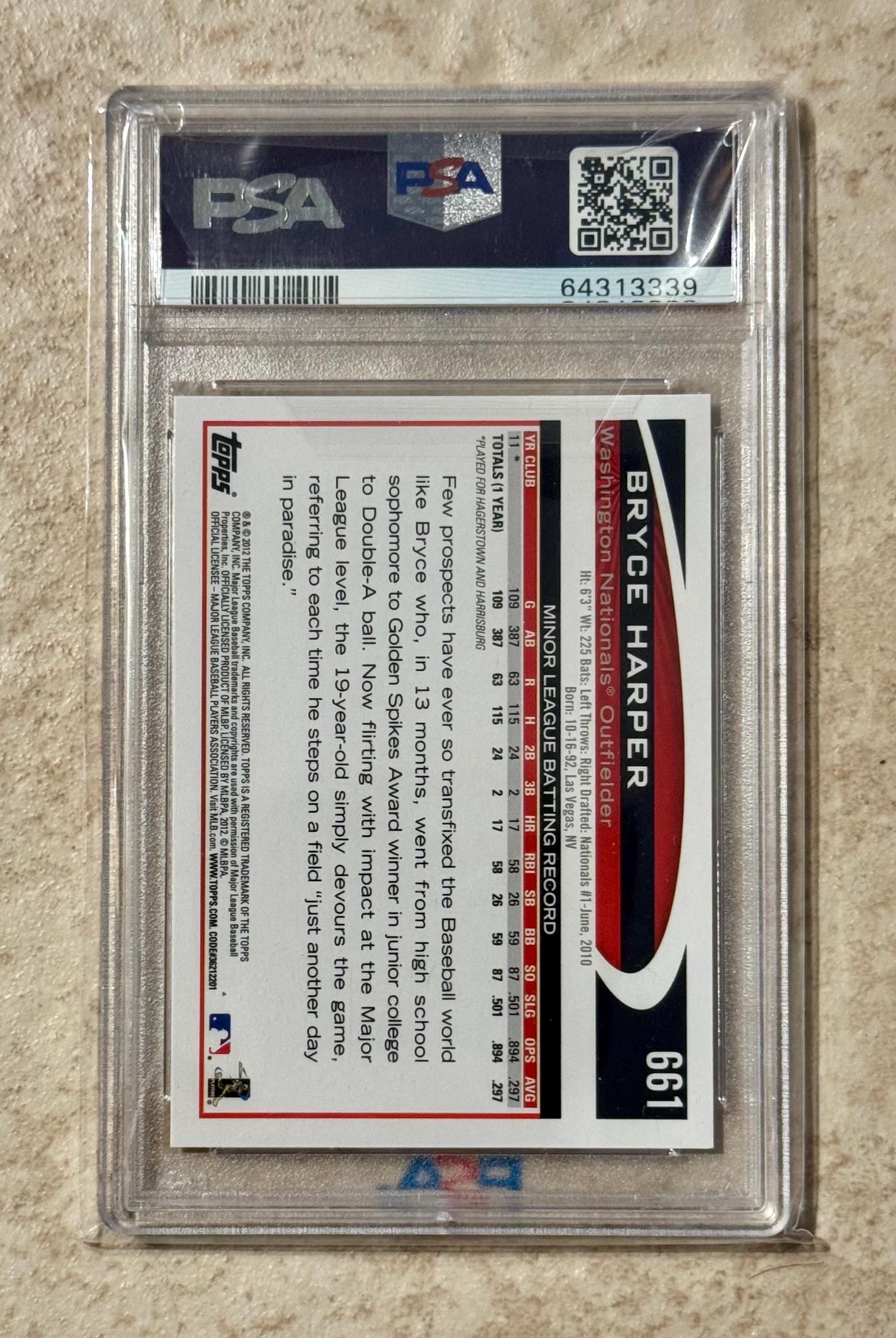 2012 Topps Bryce Harper Rookie #661 PSA 10 Gem Mint Rookie Card RC
