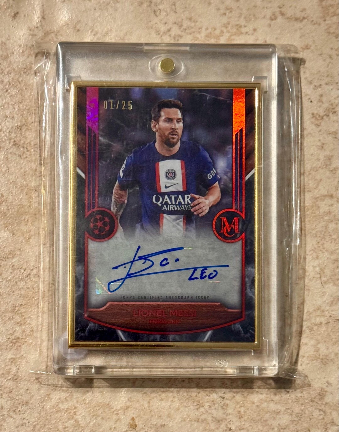 ultra rare messi signed card 2022 Topps Museum UEFA #d/25 Ruby Gold Framed Auto Lionel Messi Certified Autographed  Card