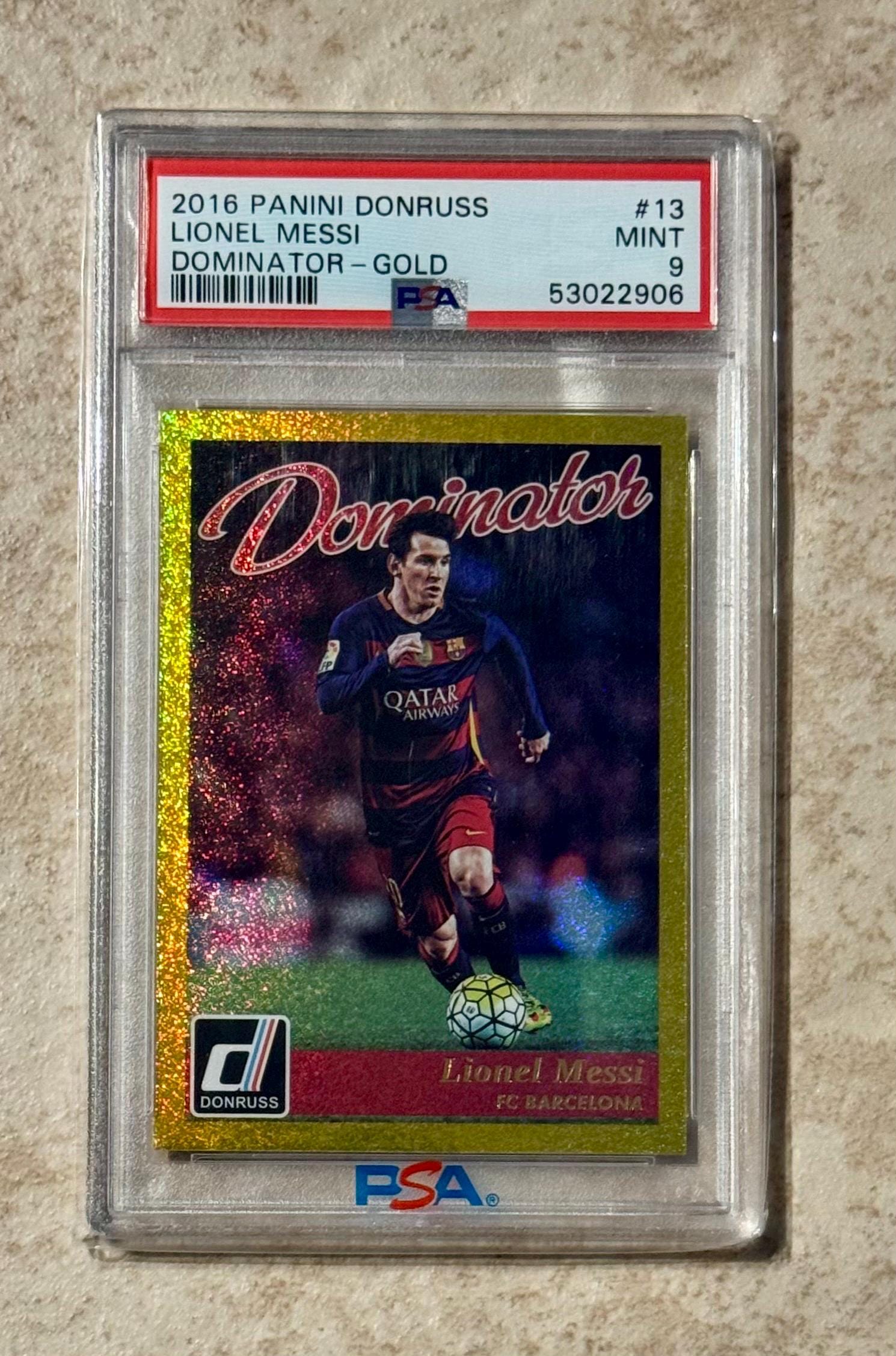 Lionel Messi 2016 Donruss Dominator Gold #13 Barcelona PSA 9 Mint 
