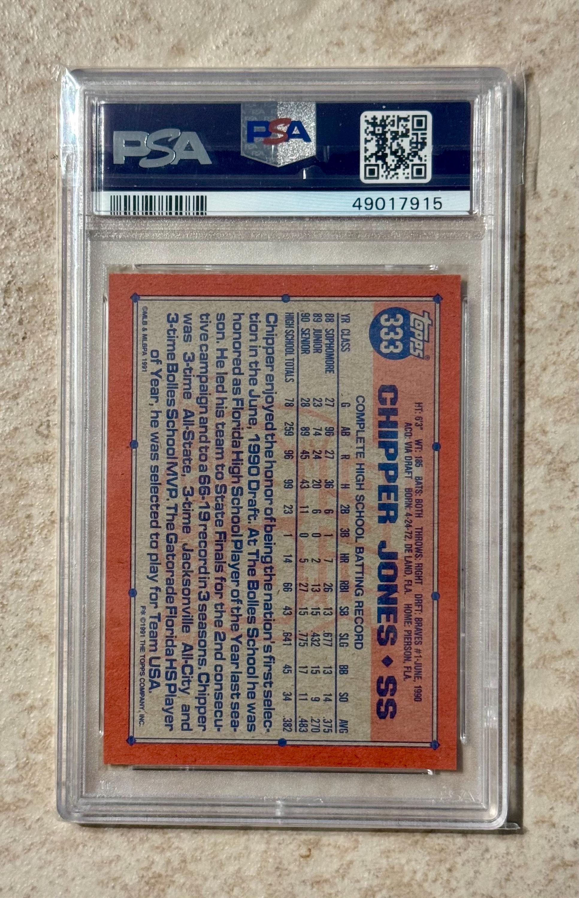 1991 Topps Chipper Jones #333 PSA 9 Mint Rookie Card RC Atlanta Braves ...