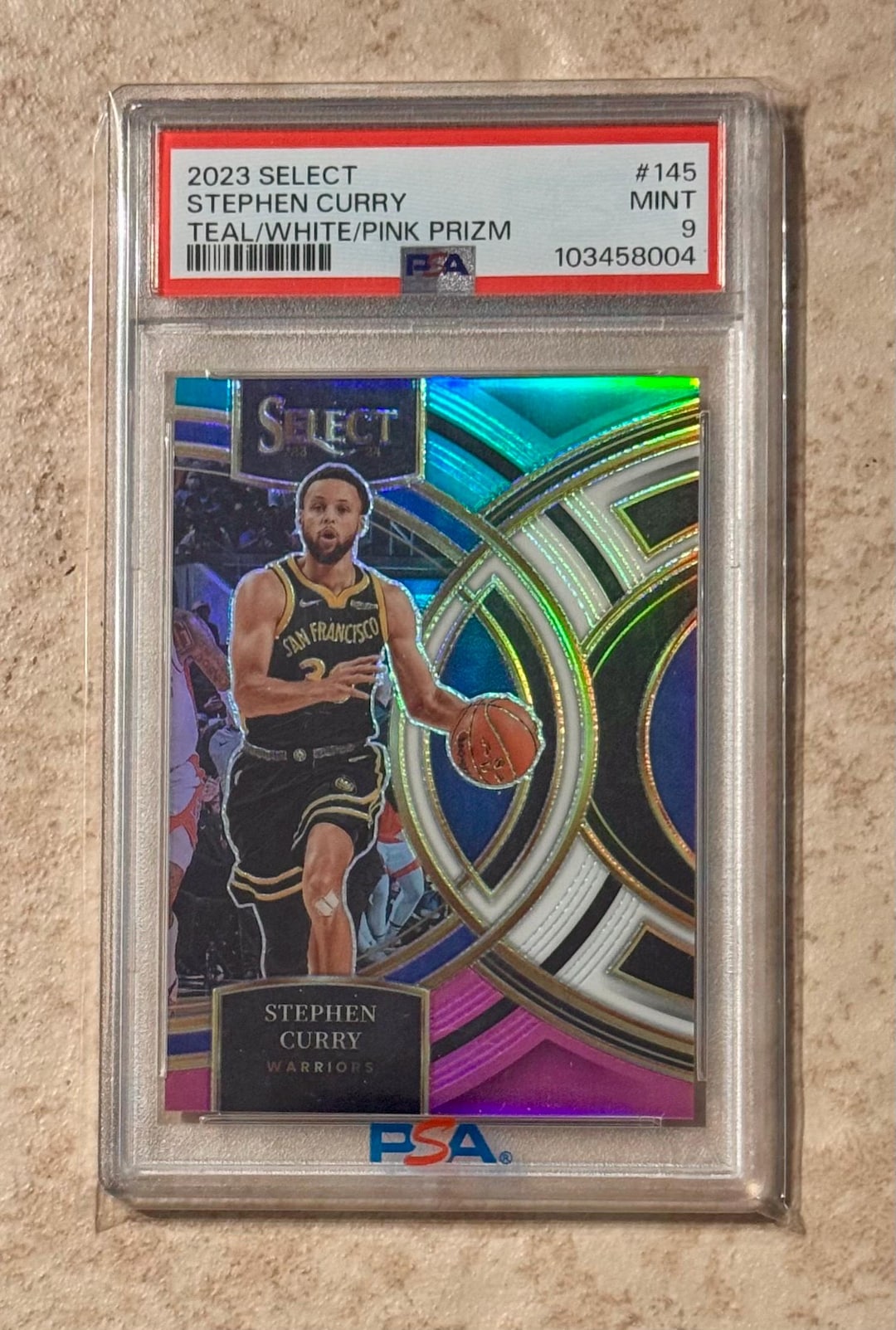 2023 SELECT #145 Stephen Curry Teal/white/pink Prizm #'d/49 PSA 9