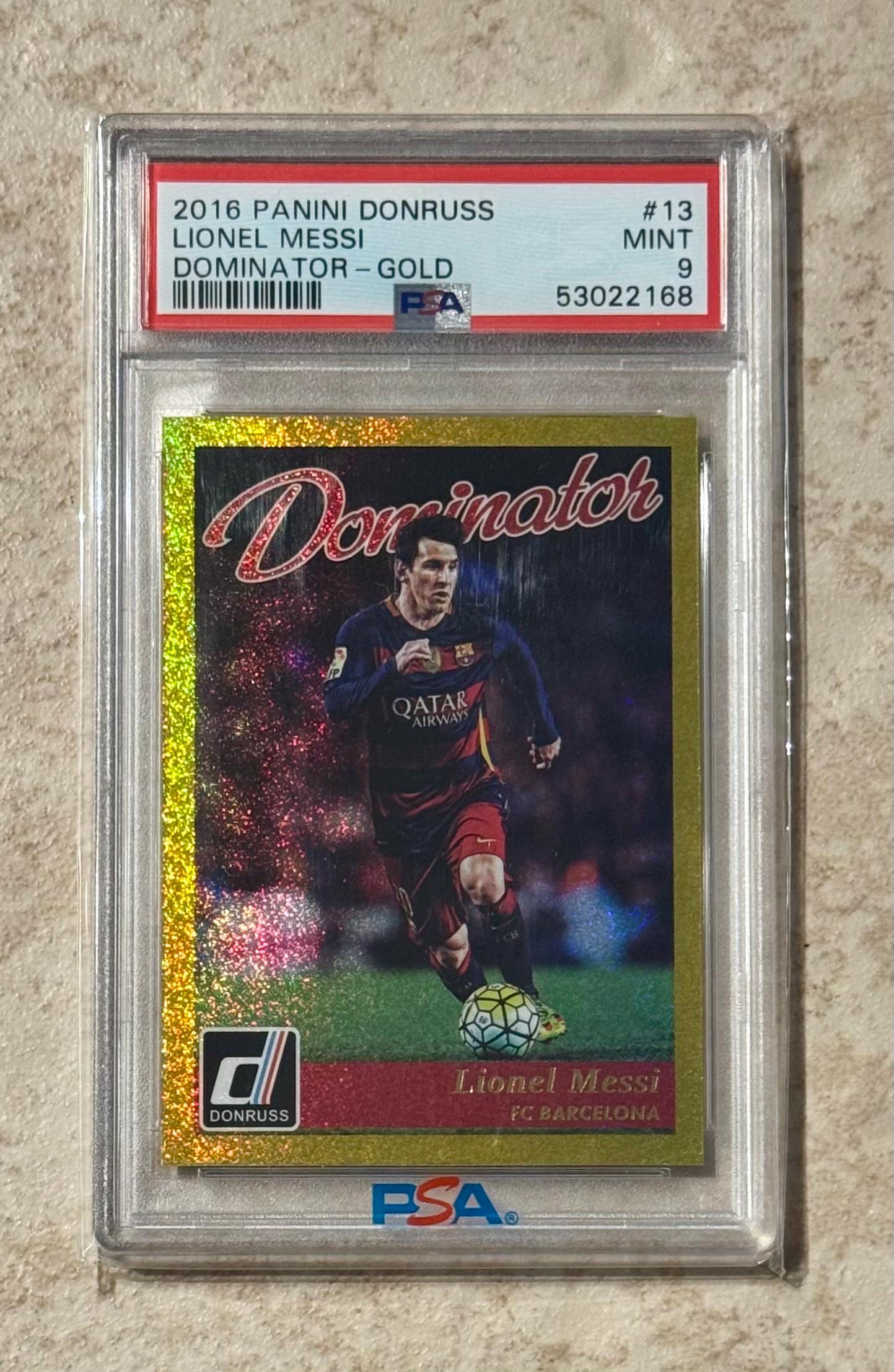 Lionel Messi 2016 Donruss Dominator Gold #13 Barcelona PSA 9 Mint 