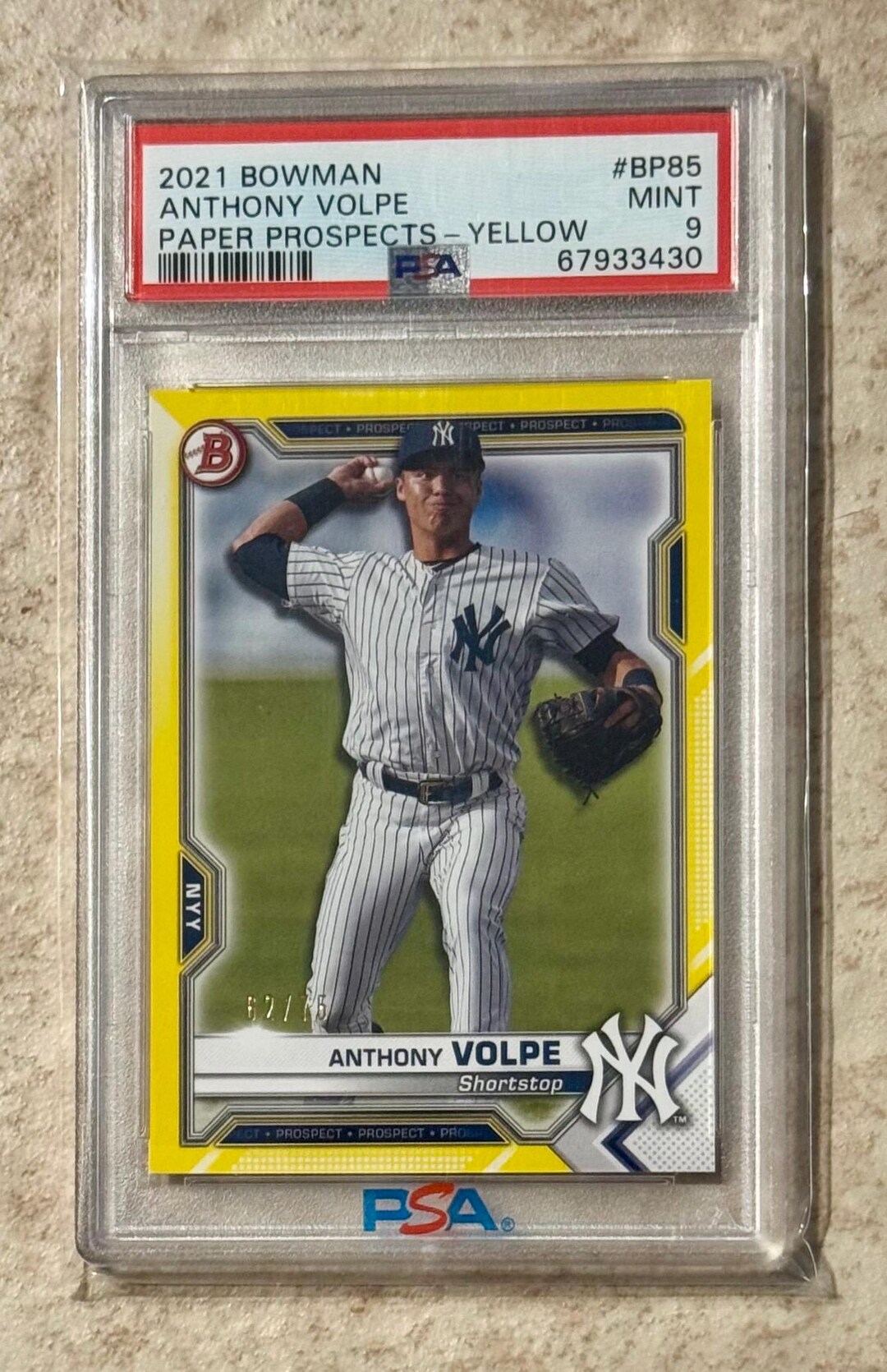 2021 Bowman Prospect Anthony Volpe Yellow Parallel #d/75 PSA 9 New