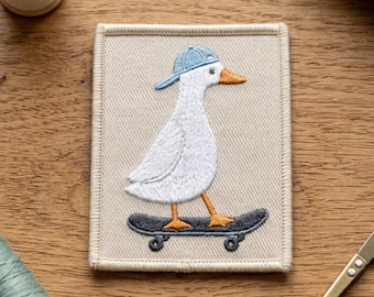 Funny Skateboard Goose Patch, Cute White Duck Riding Skateboard Embroidered Patch, Kawaii Silly Goose Iron On Patch, Cottagecore Skater Gift