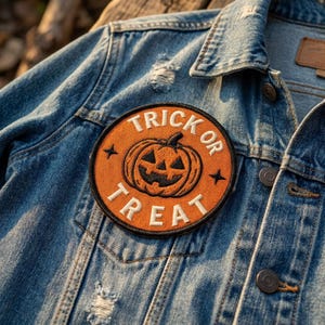 May include: A blue denim jacket featuring a circular orange embroidered patch on the chest. The patch displays a black jack-o'-lantern graphic in the center with the white text TRICK OR TREAT arched around it, accented by two small black stars.