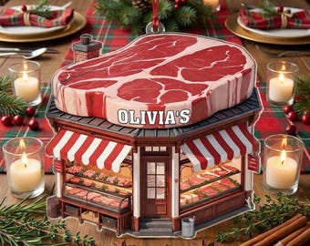 Custom Butcher Shop Acrylic Christmas Ornament, Personalized Meat Shop Xmas Tree Decor, Butcher Steak Lover Hanging Gift