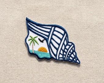 Seashell Beach Landscape Patch, Ocean Sunset Tropical Embroidered Patch, Cute Tree Coastal Iron On Patch, Summer Vacation Beach Lover Gift