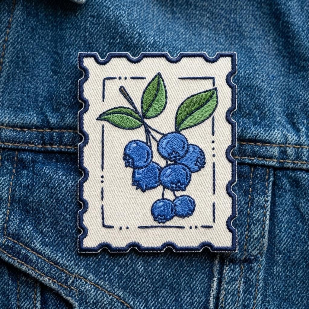 Blueberry Postage Stamp Patch, Vintage Fruit Embroidered Iron On ...