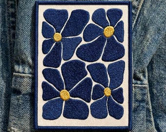 Abstract Blue Floral Embroidery Patch | Matisse Style Flower Iron On | Modern Botanical Badge | Large Embroidered Patch for Denim Jackets