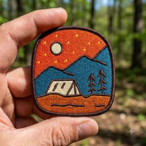 Mountain Camping Tent Embroidered Patch - Night Stargazing Outdoor Iron On Patch for Backpack, Vintage Hiking Adventure Badge Applique