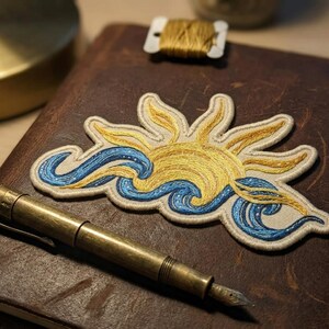 Sun and Ocean Waves Embroidered Patch, Boho Summer Sun Iron On Patch, Beach Life Wave Badge, Celestial Sea Embroidery