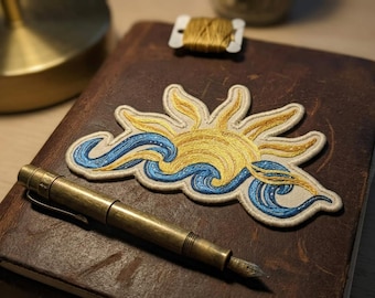 Sun and Ocean Waves Embroidered Patch, Boho Summer Sun Iron On Patch, Beach Life Wave Badge, Celestial Sea Embroidery