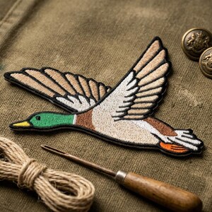 Mallard Duck Flying Embroidered Patch - Flying Drake Duck Iron On Patch - Vintage Hunting Style Badge for Jackets, Vests & Hunting Gear image 2