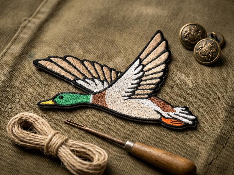 Mallard Duck Flying Embroidered Patch - Flying Drake Duck Iron On Patch - Vintage Hunting Style Badge for Jackets, Vests & Hunting Gear image 2