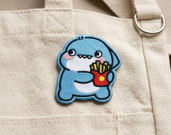 Cute Shark Eating French Fries Patch, Kawaii Baby Shark Embroidered Patch, Funny Food Animal Iron On Patch, Chubby Ocean Shark Lover Gift