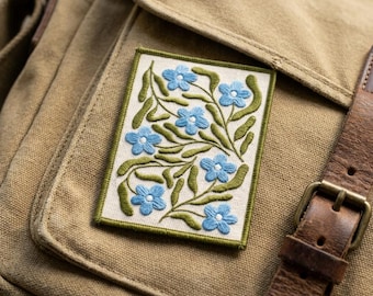 Blue Forget Me Not Floral Patch, Retro Wildflower Vine Iron on Patch, Cottagecore Botanical Embroidery, Aesthetic Garden Gift for Her