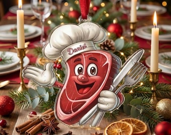 Custom Chef Steak Acrylic Christmas Ornament, Personalized Meat Steak Xmas Tree Decor, Cooking Meat Lover Hanging Gift