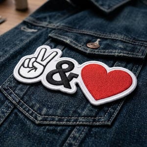 May include: A denim jacket with a patch featuring a white peace sign hand gesture, a black ampersand, and a red heart with a white border. The patch is sewn onto the jacket's pocket.