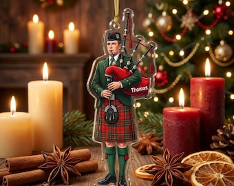 Custom Bagpiper Acrylic Christmas Ornament, Personalized Scottish Bagpipe Player Xmas Tree Decor, Scotland Lover Hanging Gift