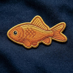 May include: Embroidered patch in the shape of a goldfish. The patch is orange with darker orange and yellow accents, and a black eye. The patch is on a dark blue fabric background.