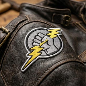May include: Close-up of a brown leather jacket with a distressed finish. A circular patch featuring a clenched fist holding a yellow lightning bolt is sewn on the shoulder. The jacket has a buckle and the words "REBELLION GEAR" on a leather tag.