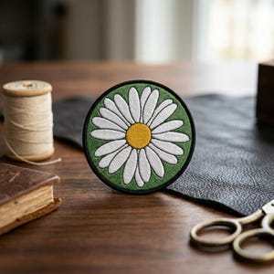 Large Daisy Flower Embroidery Patch | Round Botanical Iron On | Cute White Daisy Badge with Moss Green Background | Embroidered Patch