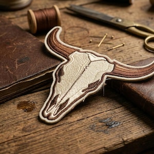 May include: Embroidered patch featuring a bull skull design with cream and brown colors. The patch is on a wooden surface with a leather-bound book, scissors, and sewing supplies. The patch is approximately 5 inches wide.