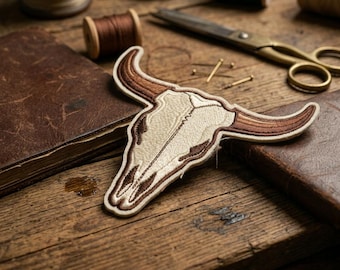 Longhorn Skull Embroidered Patch, Western Bull Skull Patch, Cowboy Rodeo Iron On Patch, Rustic Ranch Style Embroidery Patch