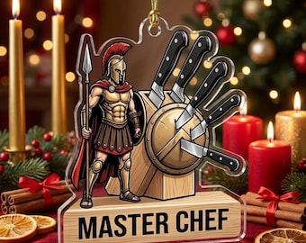 Personalized Spartan Chef Ornament Custom Name Master Chef Kitchen Knife Block Gift Cook Cooking Lover Tree Decor Keepsake