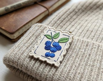 Blueberry Postage Stamp Patch, Vintage Fruit Embroidered Iron On, Aesthetic Botanical Badge for Denim Jackets & Bags