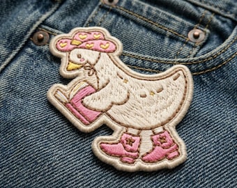 Cowgirl Duck Embroidered Patch, Coquette Pink Boots Duck Iron On Patch, Book Lover Goose Badge, Western Aesthetic Embroidery