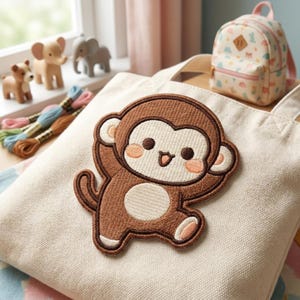 May include: A beige canvas tote bag featuring a large, embroidered patch of a brown monkey with a cream-colored face and belly, dark brown eyes, and pink cheeks. The monkey has a cheerful expression with an open mouth and is depicted in a playful pose.