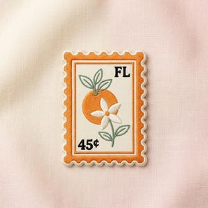 Vintage Florida Postage Stamp Embroidered Patch, Cute Orange Blossom Flower Patches for Denim Jacket Backpack, Retro Citrus Fruit Badge