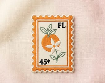 Vintage Florida Postage Stamp Embroidered Patch, Cute Orange Blossom Flower Patches for Denim Jacket Backpack, Retro Citrus Fruit Badge